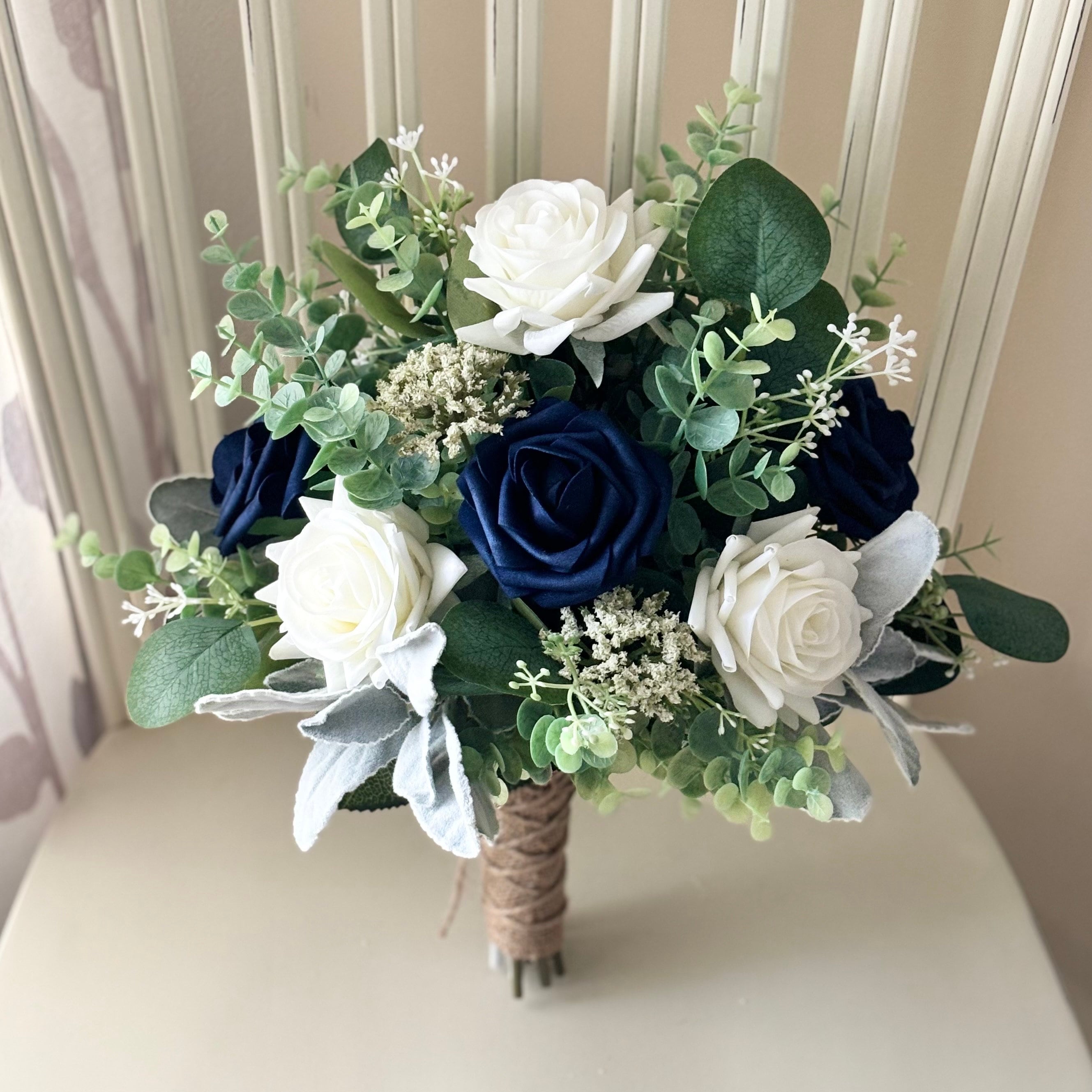 Boho bridesmaids bouquet,midnight navy blue & White roses, greenery wedding ,silk artificial eucalyptus bridal bouquet, corsage,boutonnières