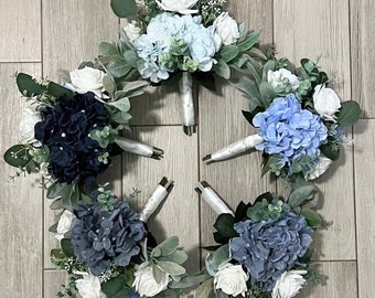 Boho bridesmaid bouquets, rustic blue hydrangea premium white roses greenery bridal bouquet, wedding bouquet,eucalyptus dusty, navy, steel