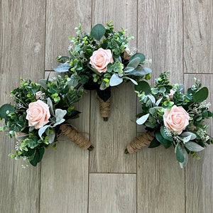 Boho bridesmaids bouquets blush pink rose greenery bridal bouquet eucalyptus wedding bouquet, Lambs ear sage, light baby pink boutonnières