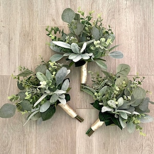 Boho greenery bridal bouquet  eucalyptus wedding bouquet, Lambs ear sage bridesmaid flowers, artificial faux boutonniere and corsages