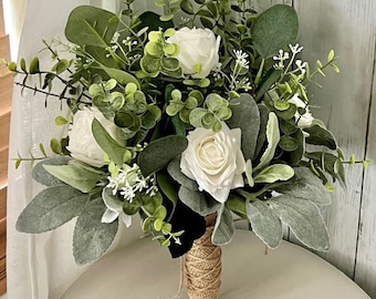 Boho rose greenery bridal bouquet  eucalyptus wedding bouquet, Lambs ear sage bridesmaid flowers