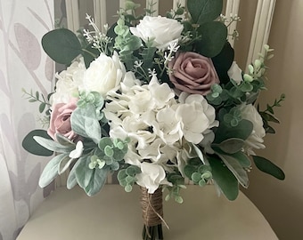 Boho wedding bouquet, white hydrangea premium white roses, dusty pink & greenery bridal bouquet, wedding bouquet eucalyptus sage bridesmaid