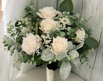 Boho wedding bouquet, premium champagne real touch roses & greenery bridal bouquet, eucalyptus sage wedding bouquet, faux bridesmaid flowers