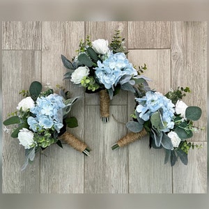 Bridesmaids bouquet dusty blue hydrangea, premium white roses & greenery bridal bouquet, eucalyptus sage wedding flowers