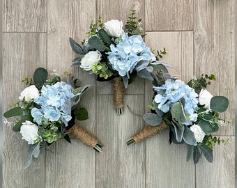 Bridesmaids bouquet dusty blue hydrangea, premium white roses & greenery bridal bouquet, eucalyptus sage wedding flowers