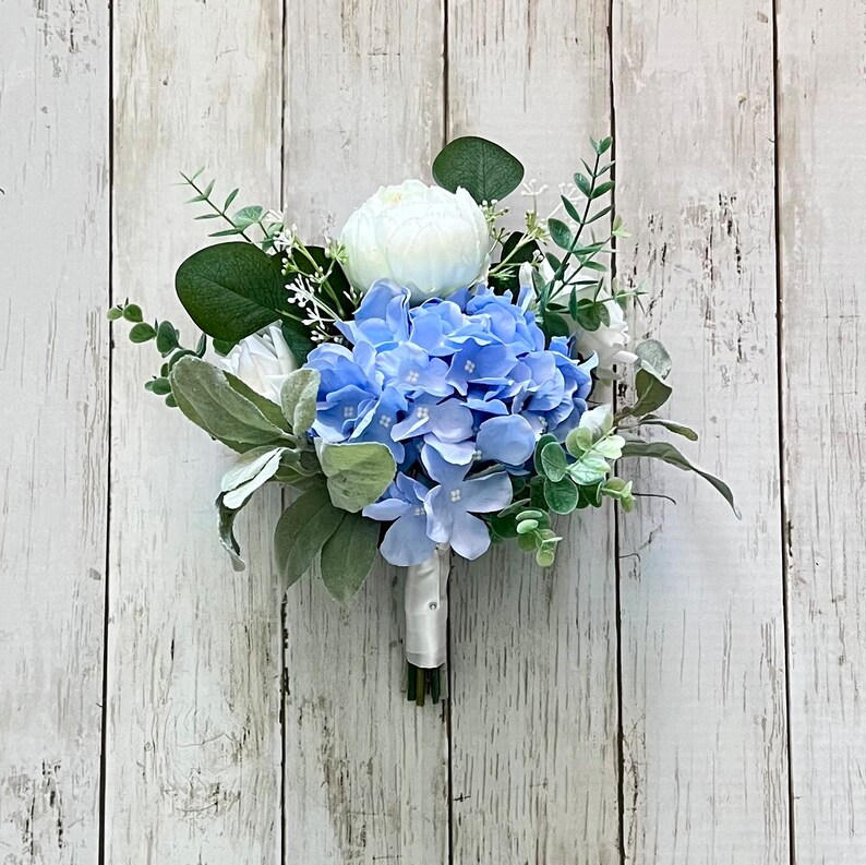 Boho wedding bouquet, white roses & blue hydrangea with eucalyptus bridal flowers, boho silk flower wedding, ivory peony bridesmaid flowers image 8