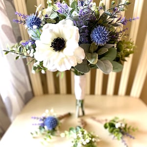 Boho bridal bouquet, blue wild flower wedding bouquet, anemone silk flower wedding bouquet, lavender & eucalyptus wedding flowers image 9