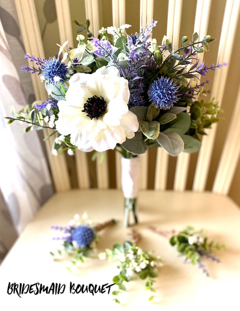 Boho bridal bouquet, blue wild flower wedding bouquet, anemone silk flower wedding bouquet, lavender & eucalyptus wedding flowers image 9