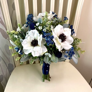 Wildflower bridal  bouquet, navy blue & white wedding bouquet, anemone silk flower wedding bouquet, Blue thistle eucalyptus wedding flowers