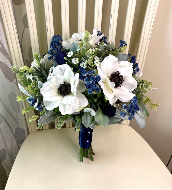 Wildflower bridal bouquet navy blue white wedding bouquet