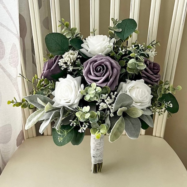 Boho wedding bouquet, dusty purple white roses & greenery bridal bouquet, eucalyptus sage bridesmaid bouquet, corsage, boutonnières