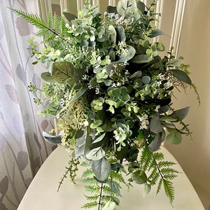 Cascade greenery bridal bouquet, fern sage eucalyptus cascade wedding bouquet, boho wedding flowers, lambs ear greenery bridesmaid bouquet