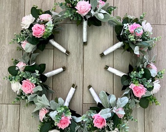 Bridesmaid bouquets, blush light bubble gum pink real touch roses & eucalyptus greenery bridal bouquet, sage wedding flowers,