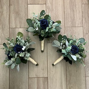 Boho bridesmaids bouquets navy blue  rose greenery bridal bouquet eucalyptus wedding bouquet, Lambs ear sage, corsages boutonnières