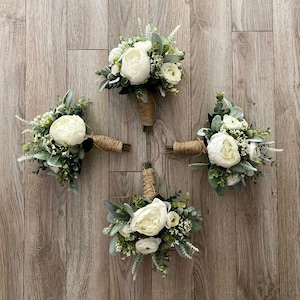 Boho bridal bouquet, white peony wedding bouquet, garden style ivory ranunculus wedding flowers, rustic classic eucalyptus bridesmaid image 2