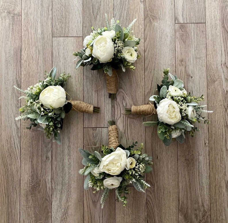 Boho bridal bouquet, white peony wedding bouquet, garden style ivory ranunculus wedding flowers, rustic classic eucalyptus bridesmaid image 2