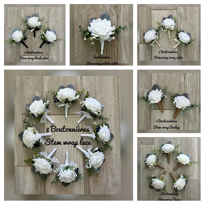May include: Eight white rose boutonni&egrave;res with greenery and lace wrapped stems. The boutonni&egrave;res are arranged in a circle on a wooden surface. The text "8 Boutonni&egrave;res Stem wrap lace" is visible in the center of the image.