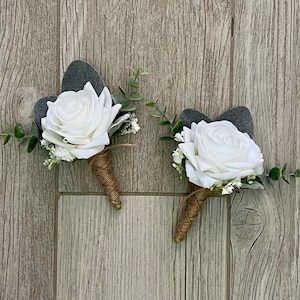 Boho rose boutonniere eucalyptus, realistic white rose wedding boutonnieres, faux silk homecoming boutonniere, real touch prom boutonniere
