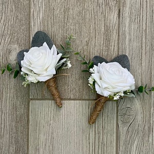White rose boutonniere eucalyptus, realistic rose wedding, faux silk homecoming prom, child boho real touch groom & groomsmen, wrist corsage