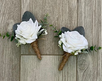 White Rose Boutonniere, Eucalyptus, Faux Silk Wedding, Prom