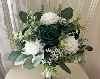 Boho bridal bouquet, emerald forest green & white roses with greenery wedding bouquet, eucalyptus  bridesmaids, wrist corsage, boutonnière