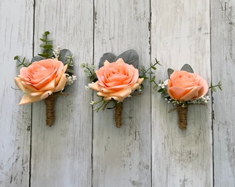 Boho rose boutonniere with eucalyptus,peach orange realistic rose wedding, faux silk sunset wrist corsage homecoming, real touch prom