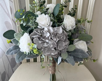 Boho bridal bouquet, premium white rose, antique gray hydrangea & greenery wedding bouquet, eucalyptus sage silver bridesmaid flowers