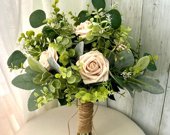 Boho rose greenery bridal bouquet nude beige soft pink neutral eucalyptus wedding bouquet, Lambs ear sage bridesmaid flowers, boutonnière