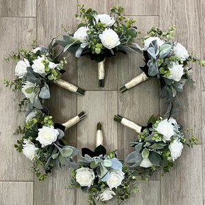 Boho bridesmaids bouquet, premium white roses & greenery bridal bouquet, sage eucalyptus wedding bouquet, bridal flowers