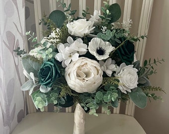 Boho wedding bouquet, ivory & emerald forest green roses fern with eucalyptus bridal flowers, silk flower wedding, peony anemone bridesmaid