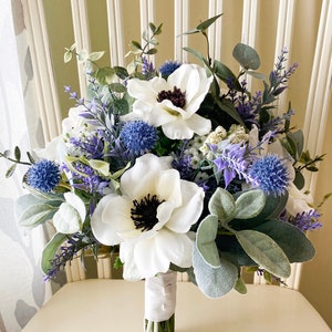 Boho bridal bouquet, blue wild flower wedding bouquet, anemone silk flower wedding bouquet, lavender & eucalyptus wedding flowers image 8