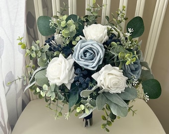 Boho wedding bouquet, dusty blue, white roses & navy babies breath greenery bridal bouquet, eucalyptus sage bridesmaid flowers, boutonnières