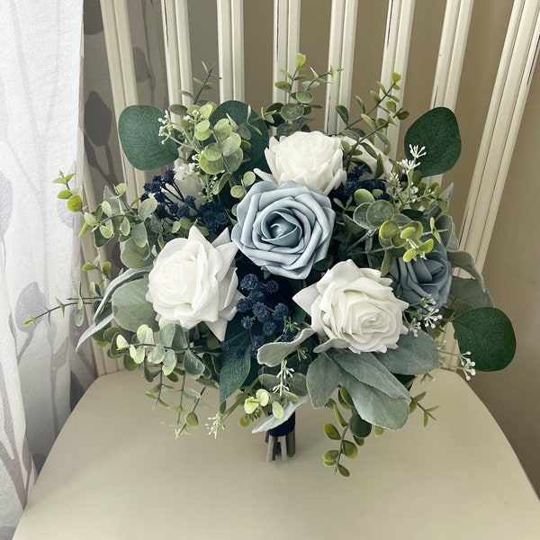 Boho wedding bouquet, dusty blue, white roses & navy babies breath greenery bridal bouquet, eucalyptus sage bridesmaid flowers, boutonnières