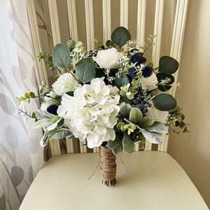 Boho navy wedding bouquet premium white roses & hydrangea blue accent flowers, greenery bridal bouquet,navy thistle, sage bridesmaid