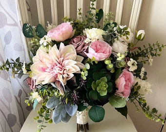 Boho wedding bouquet, succulent  bridal bouquet, dahlia wedding flowers, garden style wedding flowers, bridesmaids bouquets
