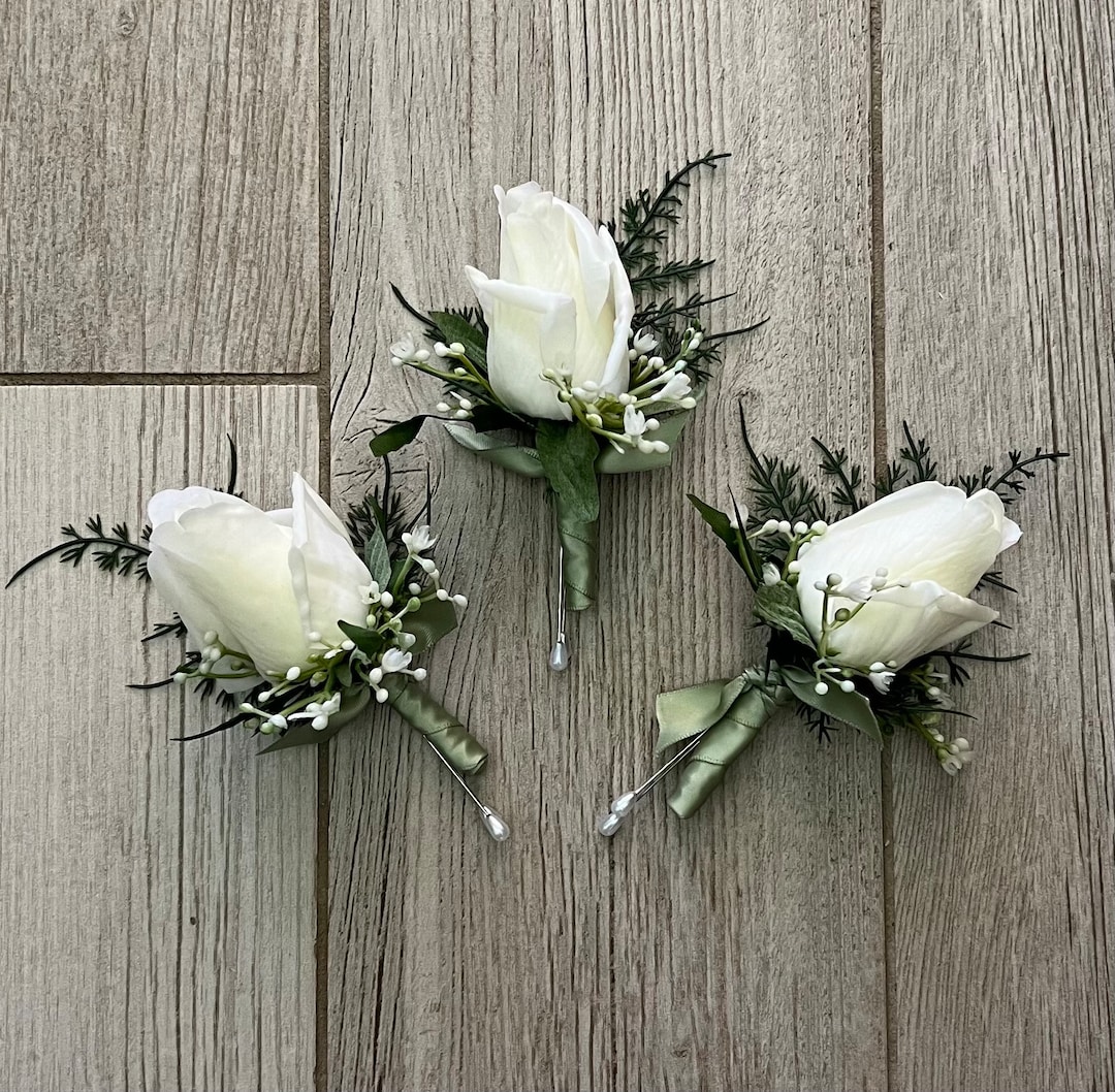 Rose Bud Boutonniere With Fern, Realistic Ivory Rose Wedding
