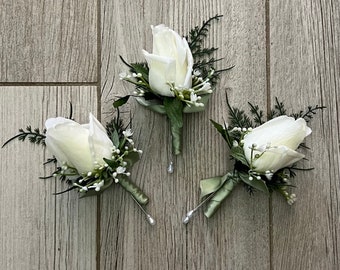 Rose bud boutonniere with fern, realistic ivory rose wedding boutonnieres, faux silk homecoming boutonniere, real touch prom boutonniere