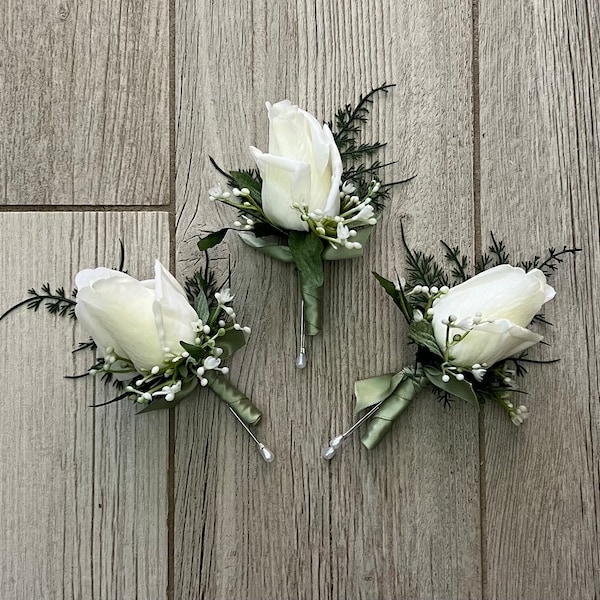 Rose bud boutonniere with fern, realistic ivory rose wedding boutonnieres, faux silk homecoming boutonniere, real touch prom boutonniere