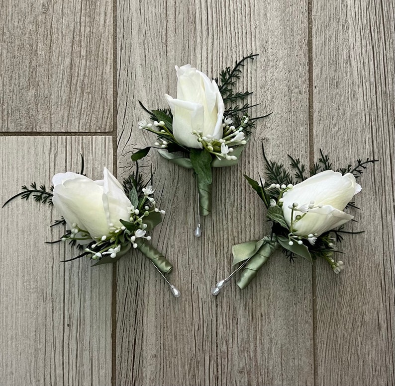Rose bud boutonniere with fern, realistic ivory rose wedding boutonnieres, faux silk homecoming boutonniere, real touch prom boutonniere image 1