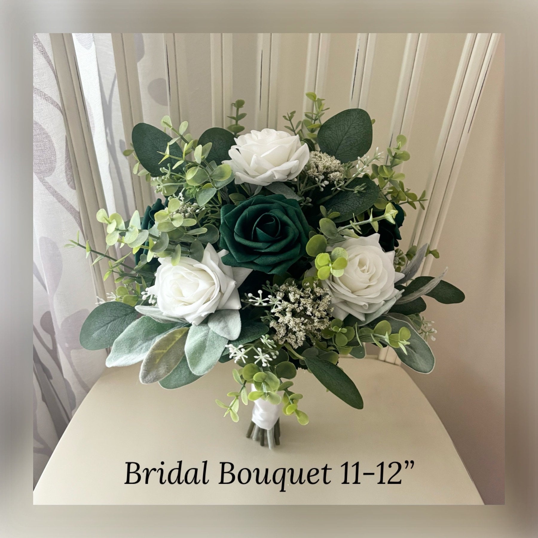 Boho Bridal Bouquet, Emerald Forest Green & White Roses With Greenery  Wedding Bouquet, Eucalyptus Bridesmaids, Wrist Corsage, Boutonnire - Etsy