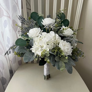 Boho wedding bouquet, real touch  white rose hydrangea with dusty blue accent flowers & greenery bridal bouquet, eucalyptus sage bridesmaid