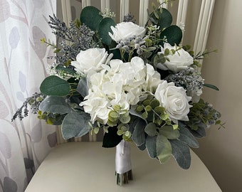 Boho wedding bouquet, real touch  white rose hydrangea with dusty blue accent flowers & greenery bridal bouquet, eucalyptus sage bridesmaid