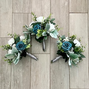 Teal and white bridesmaid bouquets  with roses & greenery wedding bouquet, eucalyptus sage bridal, wrist corsage, boutonnières, cake flowers