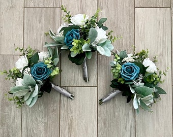 Teal and white bridesmaid bouquets  with roses & greenery wedding bouquet, eucalyptus sage bridal, wrist corsage, boutonnières, cake flowers