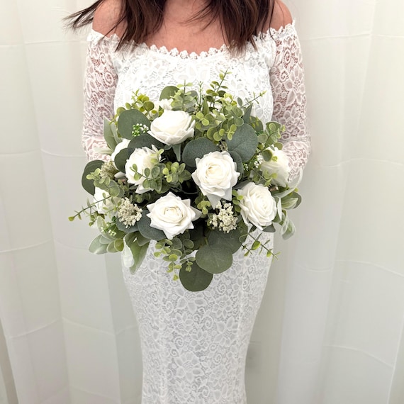 White Rose Wedding Bouquet, Real Touch Eucalyptus, Bridal Flowers