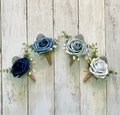 Blue rose boutonniere with eucalyptus, navy wedding flower boutonnieres, light blue homecoming boutonniere,dusty ice steel blue groom prom