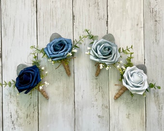 Blue rose boutonniere with eucalyptus, navy wedding flower boutonnieres, light blue homecoming boutonniere,dusty ice steel blue groom prom