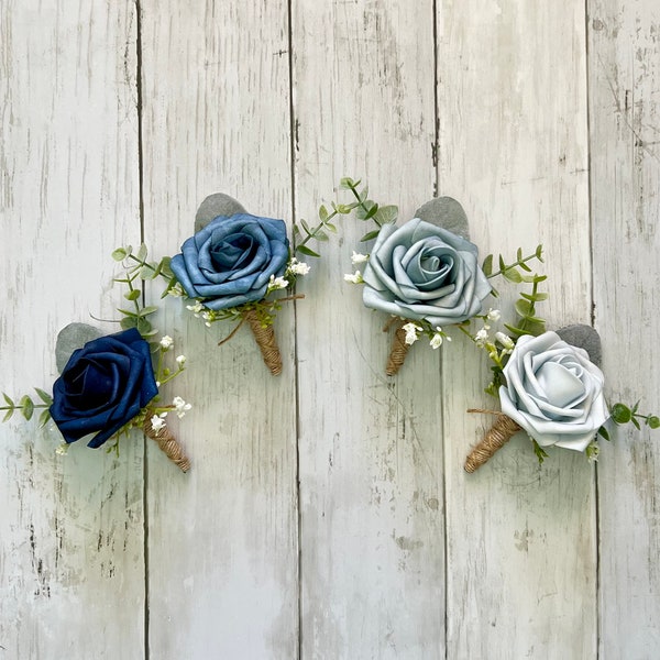 Blue rose boutonniere with eucalyptus, navy wedding flower boutonnieres, light blue homecoming boutonniere,dusty ice steel blue groom prom