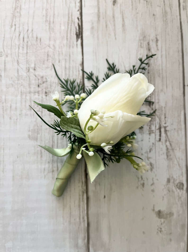 Rose bud boutonniere with fern, realistic ivory rose wedding boutonnieres, faux silk homecoming boutonniere, real touch prom boutonniere image 4