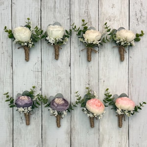 Peony Boutonniere, Eucalyptus, Faux Silk Wedding Corsage